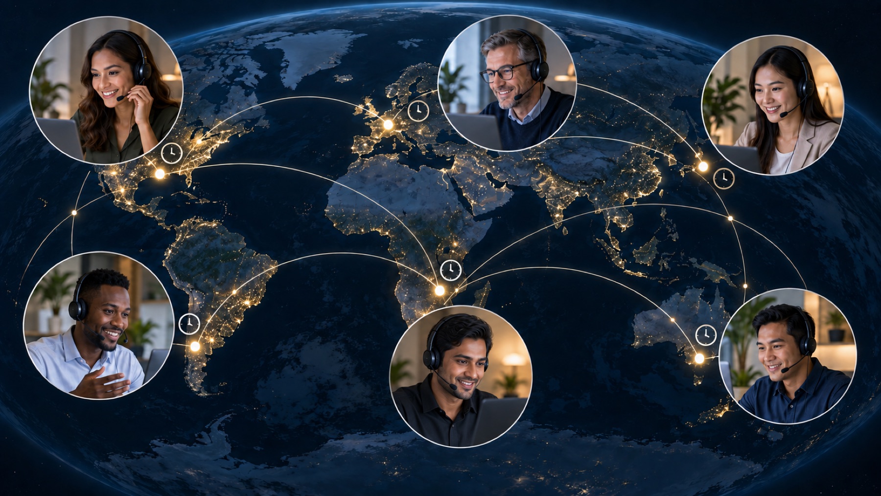 International online meeting moderators wearing headsets across multiple regions and time zones