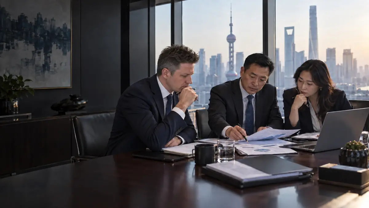 Illustrative investment research discussion in a Shanghai boardroom