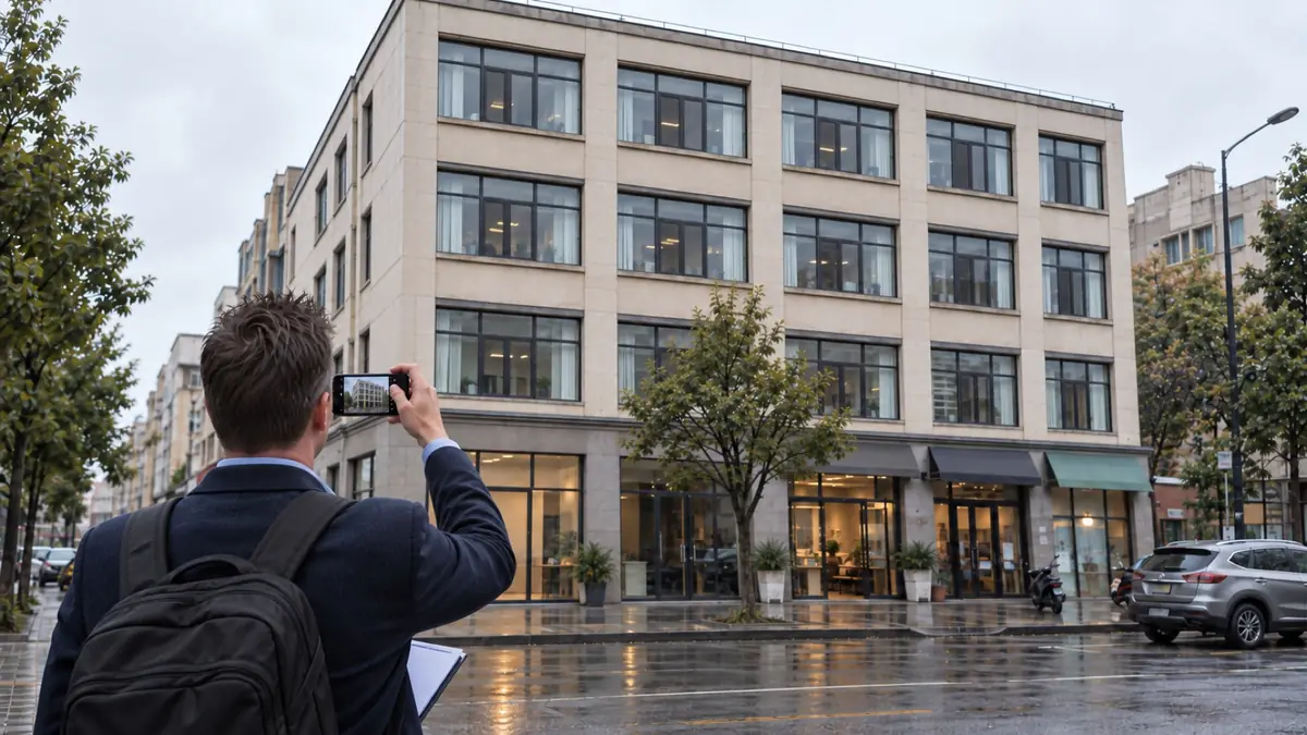 Illustrative rear-view scene of an Elite consultant photographing a four-floor building during address verification in Asia