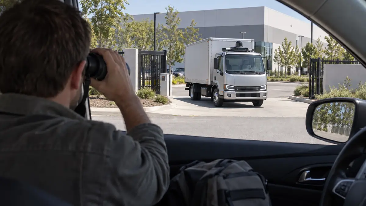 Representative reconstruction of an investigator observing a driverless commercial test vehicle leave an anonymous company facility