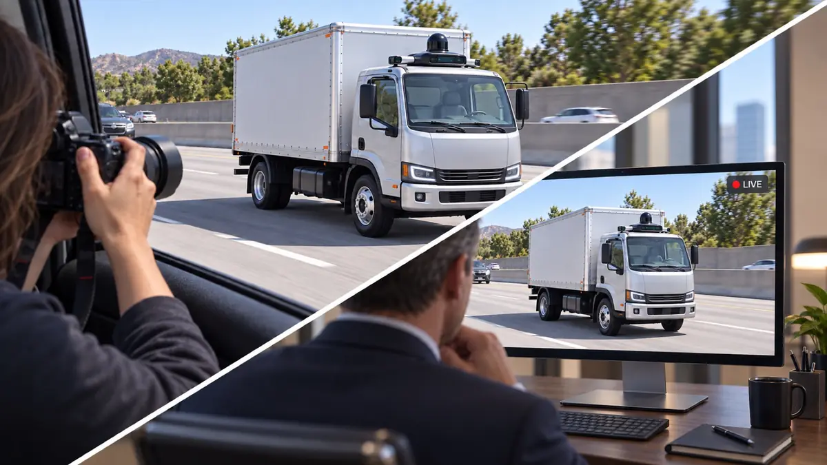 Representative split-scene reconstruction of an investigator filming an autonomous commercial vehicle on the highway while the client watches the live feed