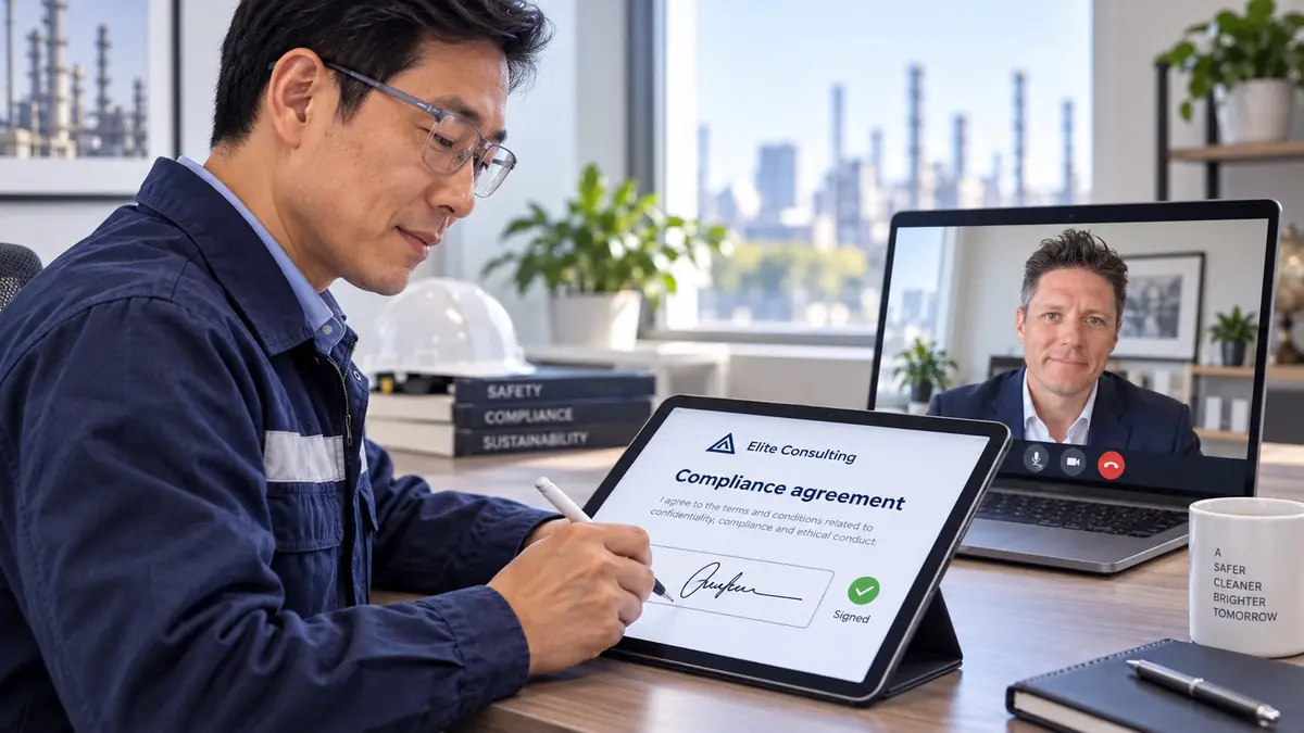 Illustrative scene of an industry expert digitally signing an agreement with Elite Consulting while meeting its principal remotely by video