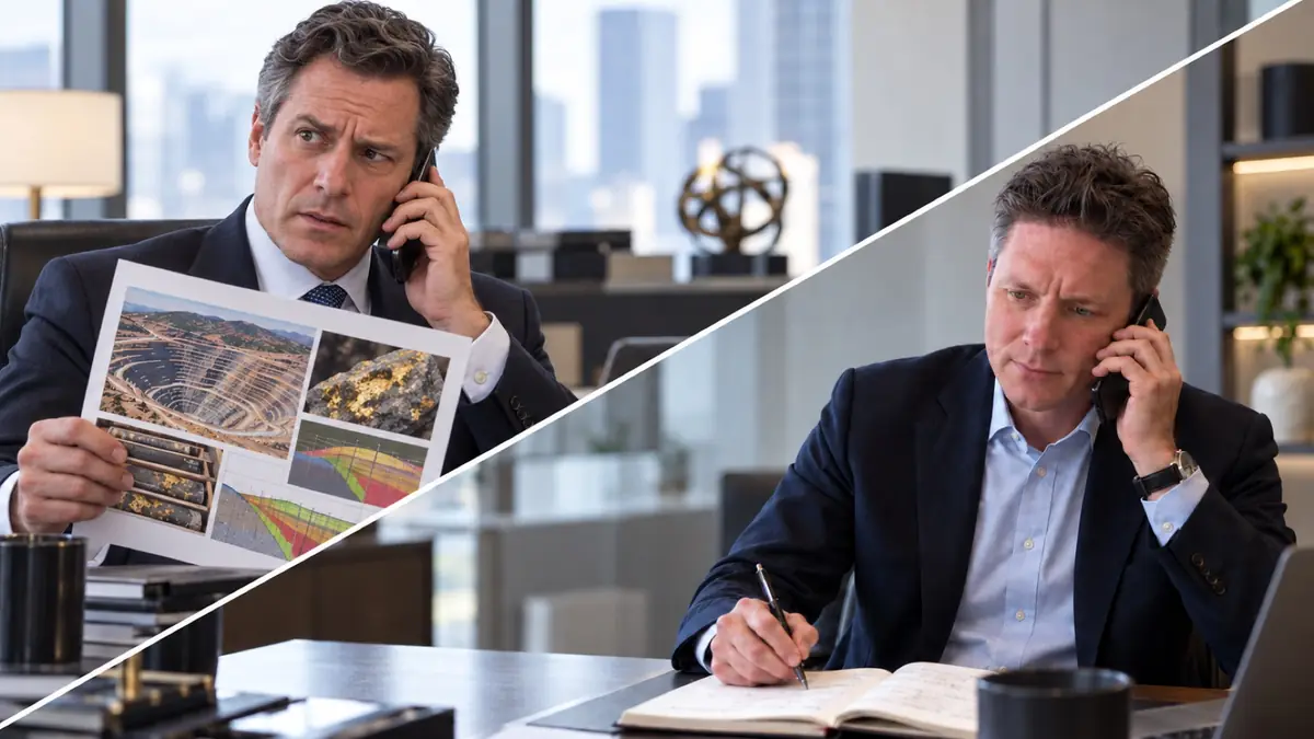Representative split-scene reconstruction of a hedge-fund client calling about a gold-mining investment and the Elite researcher taking notes