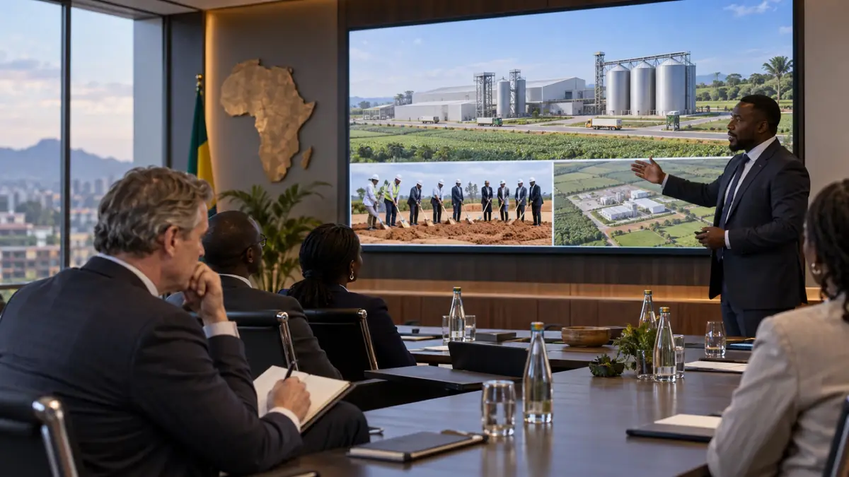 Representative reconstruction of an investor presentation showing a proposed African processing plant and groundbreaking ceremony