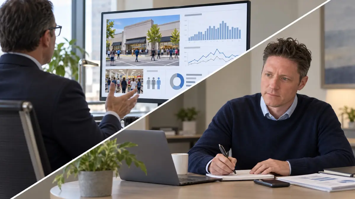 Representative split-scene reconstruction of an investment client asking about customer activity at a national retail chain