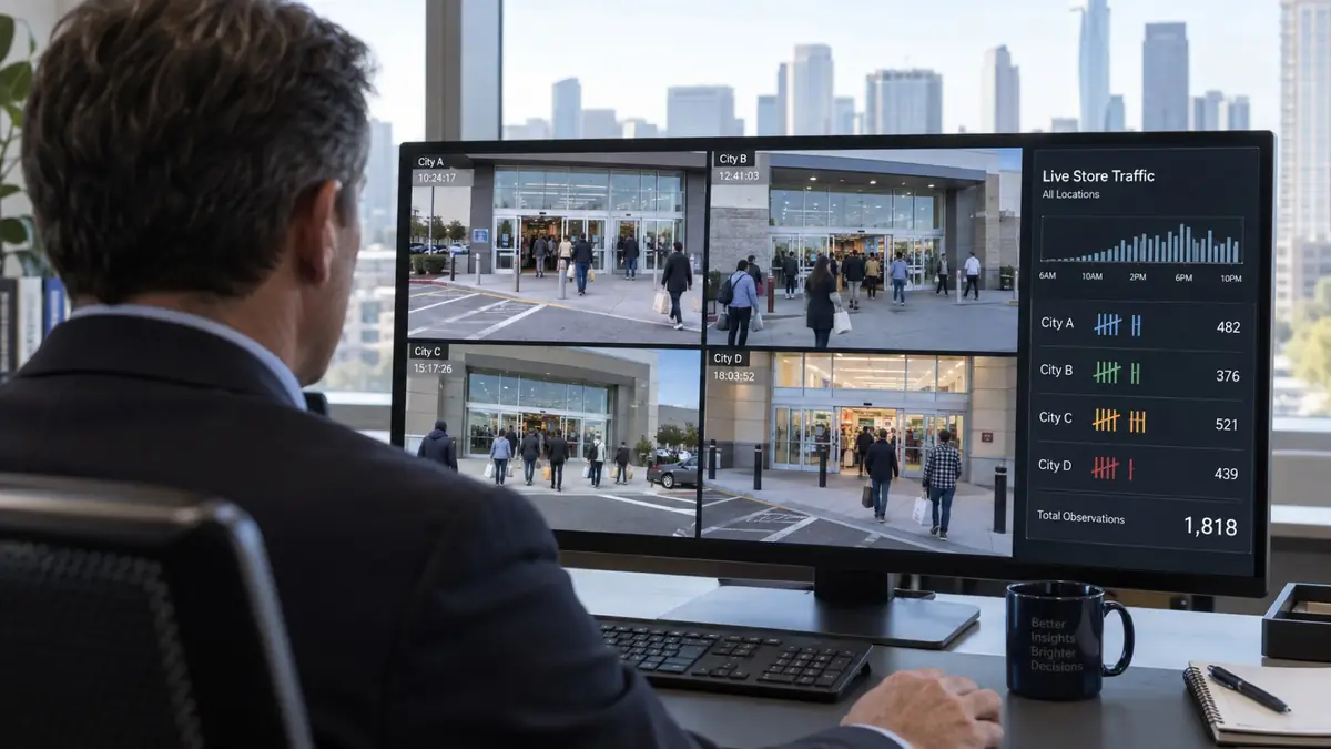 Representative over-the-shoulder view of a client monitoring simultaneous retail-location video feeds and aggregate traffic counts