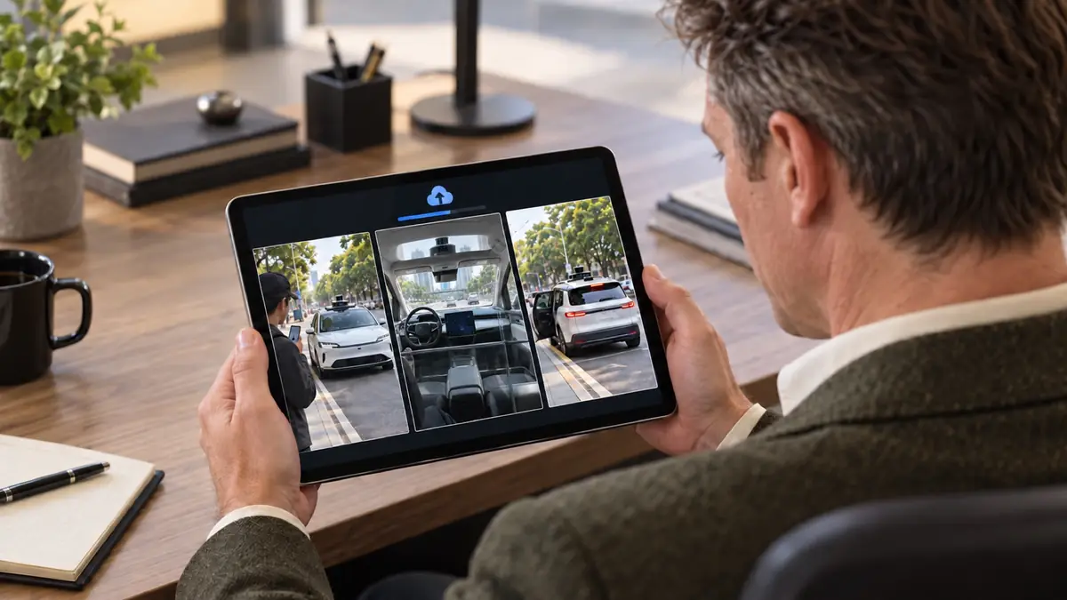 Representative over-the-shoulder reconstruction of the Elite researcher receiving three autonomous taxi evidence photographs on a tablet