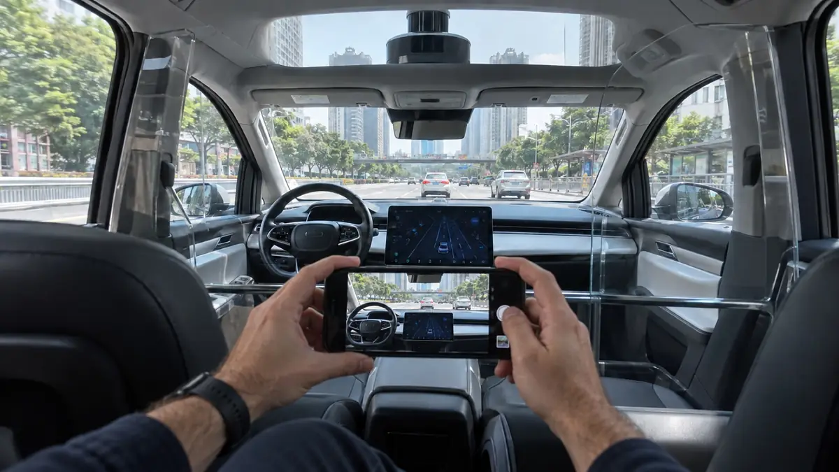 Representative interior view of an investigator photographing an empty driver seat and protected steering wheel during an autonomous taxi ride