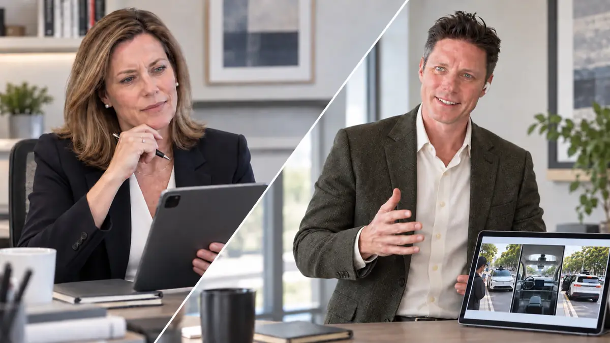 Representative split-scene reconstruction of the Elite researcher discussing the three-photo autonomous taxi evidence with the client