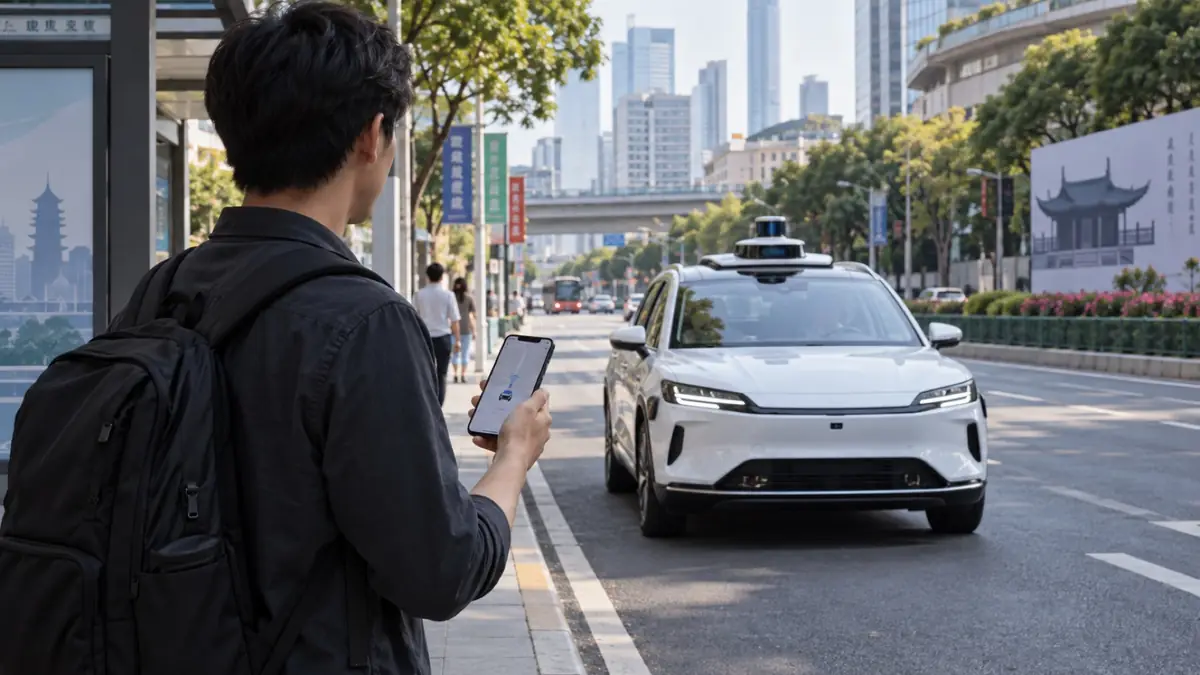 Representative reconstruction of a field investigator using a phone to request an autonomous taxi at a public curb in Asia